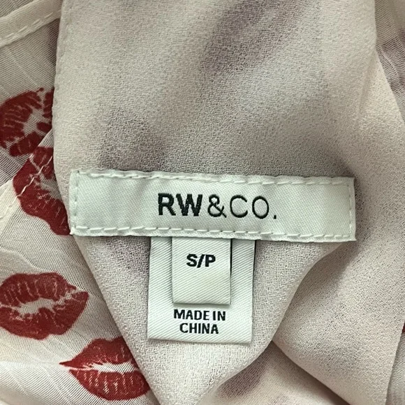 RW&CO Cowl Neck Blouse Cream Red Lips Sheer Small - Picture 12 of 13